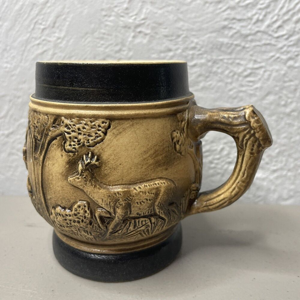 2 VTG‎ Beer or Coffee Stone Wear Mugs 4" Tall Rabbits Deer Black Trim Germany - Picture 9 of 12